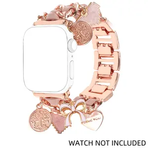 Fashionable Metal Watch Band, Cuban Chain Bracelet with Star & Moon & Love Pendants, Cute Watch Band for iWatch Series 9 8 7 6 5 4 3 SE, Wearable