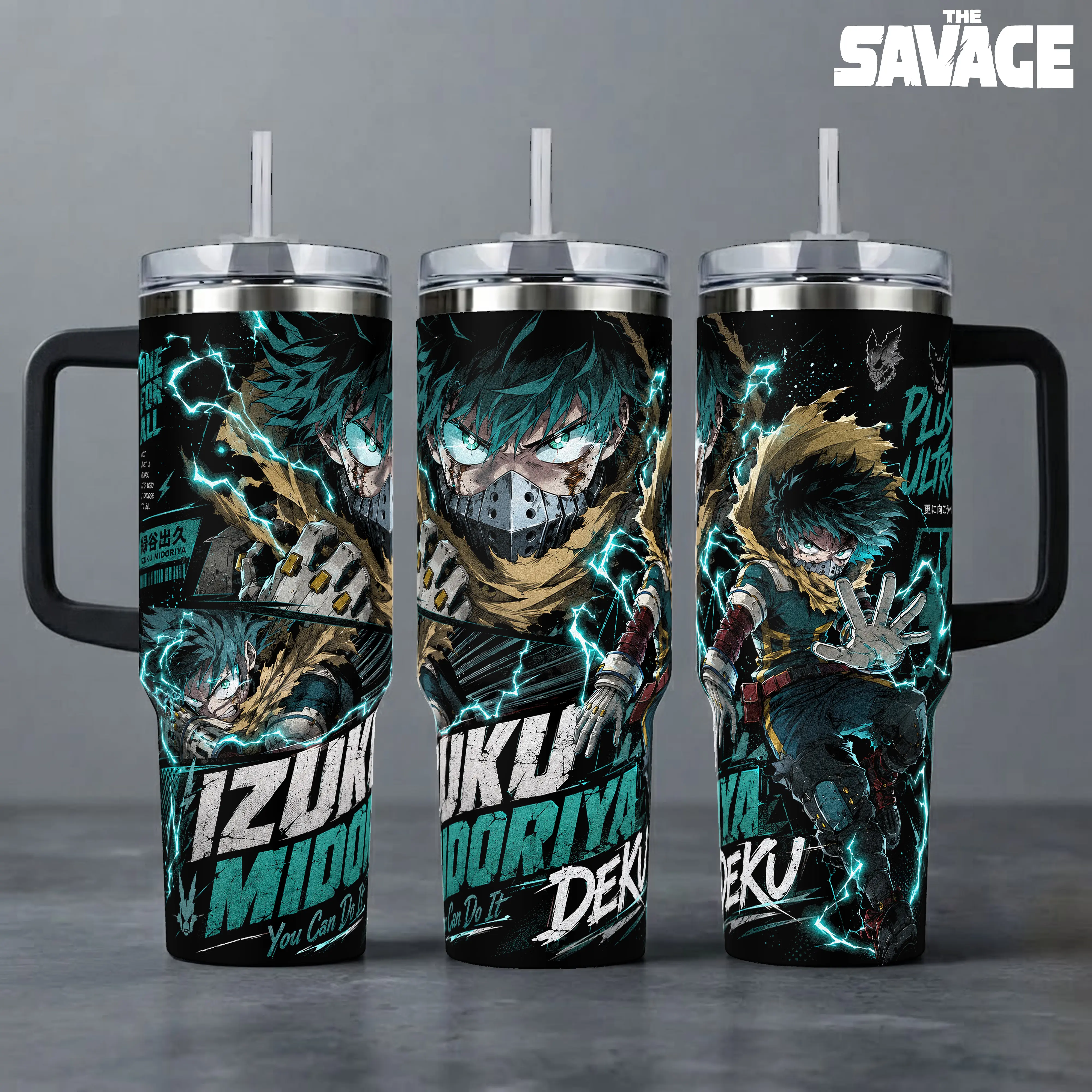 My Hero Academia Izuku Midoriya Deku Insulated Reusable Drinkware Set - 40oz Tumbler with Handle, 20oz Travel Coffee Mug, 1 For All Printed Graphic, Lid-Included Gift for Anime Fans