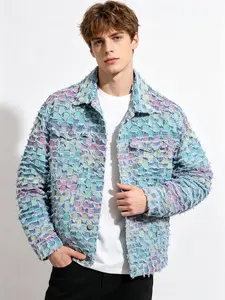 Men's Grunge Style Loose Fit Denim Jacket, Casual Long Sleeve Button Closure, Roll Collar, All Seasons, Comfortable Streetwear, Casual Outerwear, Trendy Casual Fashion, Menswear