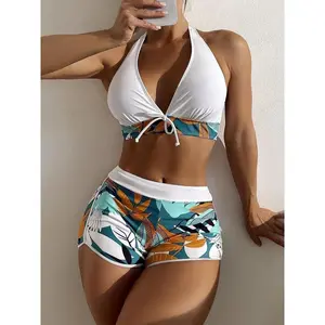 Women’s Tropical Print Tie Front Tankini Set – Two-Piece Halter Swim Top & Shorts for Summer Beach & Vacation Drawstring Bathing Suits
