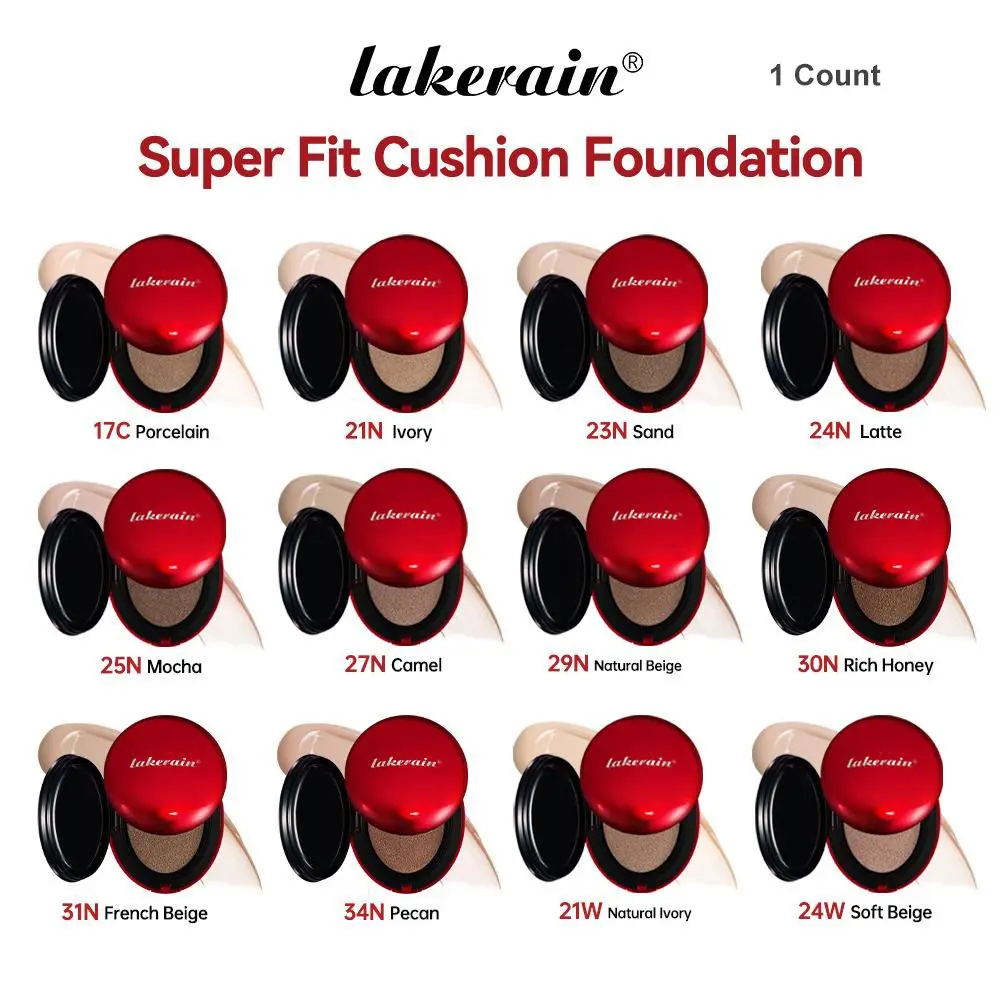 Super Fit Cushion Foundation, Waterproof Cushion Makeup, Lightweight Concealing Base, Waterproof, Sweat-Proof, and Transfer-Resistant, High Coverage, Hydrating, Semi-Matte Natural Finish, 12 Shades for All Skin Tones