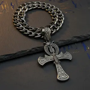 MaxBling81 Unisex Hematite-Plated Black Egyptian Ankh Cross & Horus Bird Pendant Chain Link Necklace, 11mm Pendant, 20" Cuban Chain, Hip Hop Style for Daily Wear, Chain Link Necklaces