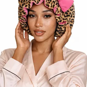 Luxury Pink Leopard Satin Sleep Bonnet with Ears & Bow Frizz-Free Edge-Protecting Beauty Sleep for Curls Braids Locs and Natural Styles Curly Hair Haircare. Teddy Bonnet