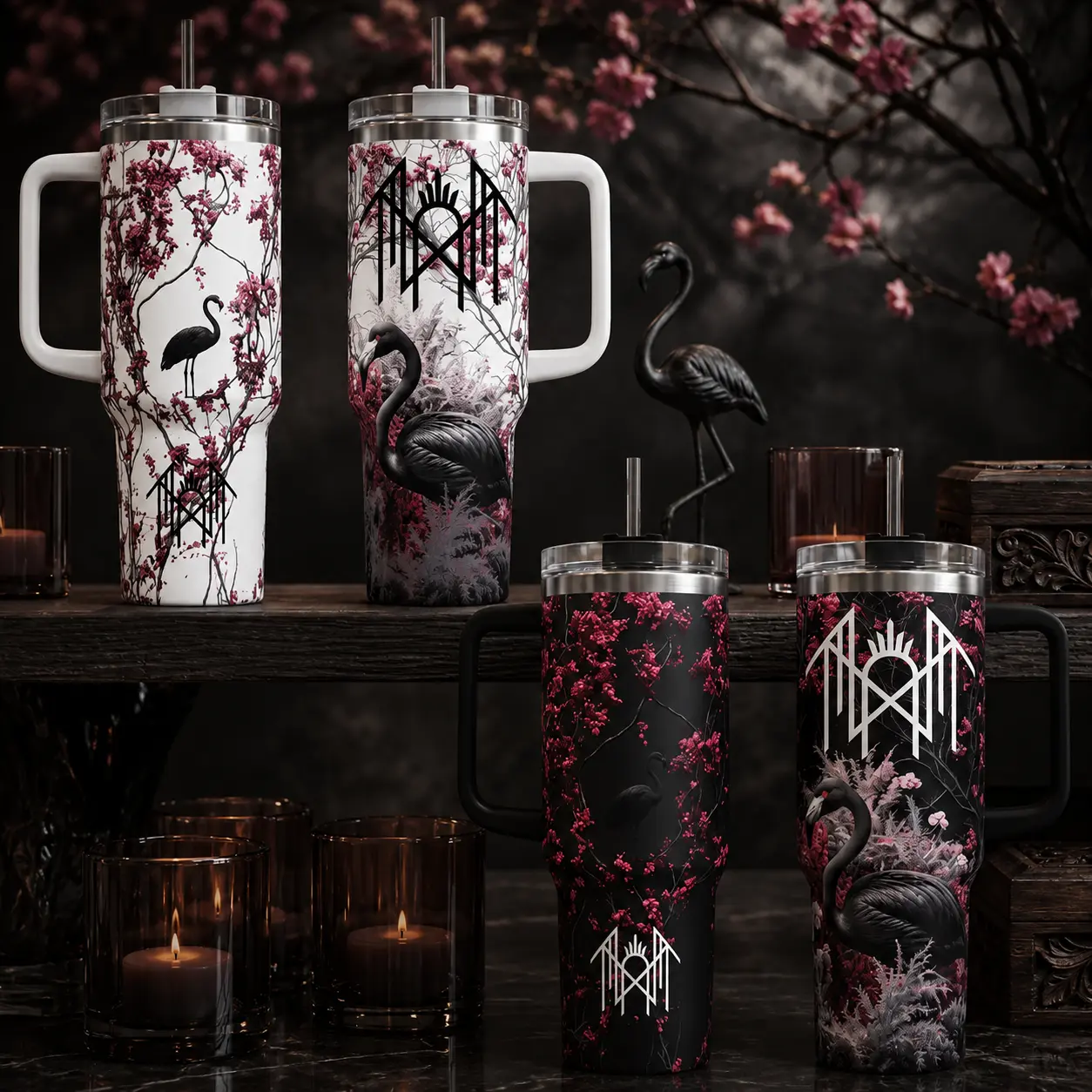 Sleep Token Gothic Flamingo Insulated Tumbler - Dark and Bloom Floral 40oz Portable Cup with Handle, 20oz Stainless Steel Flask, Modern Leak-Proof Explosion-Proof Heat Resistant Progressive Metal Rock Fan Gift, Adults