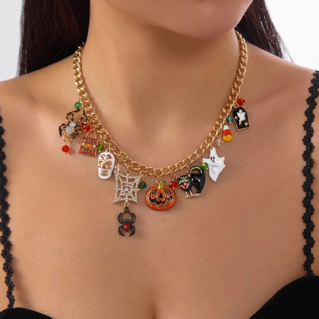 Halloween Rhinestone Necklace For Women, Sparkly Crystal Spider Ghost Pumpkin Skull Pendant Clavicle Chain Holiday Party Jewelry birthstones Bubble Initial opalite gifts girlfriend day summerwins streetwear statement collars dainty heart name birthday