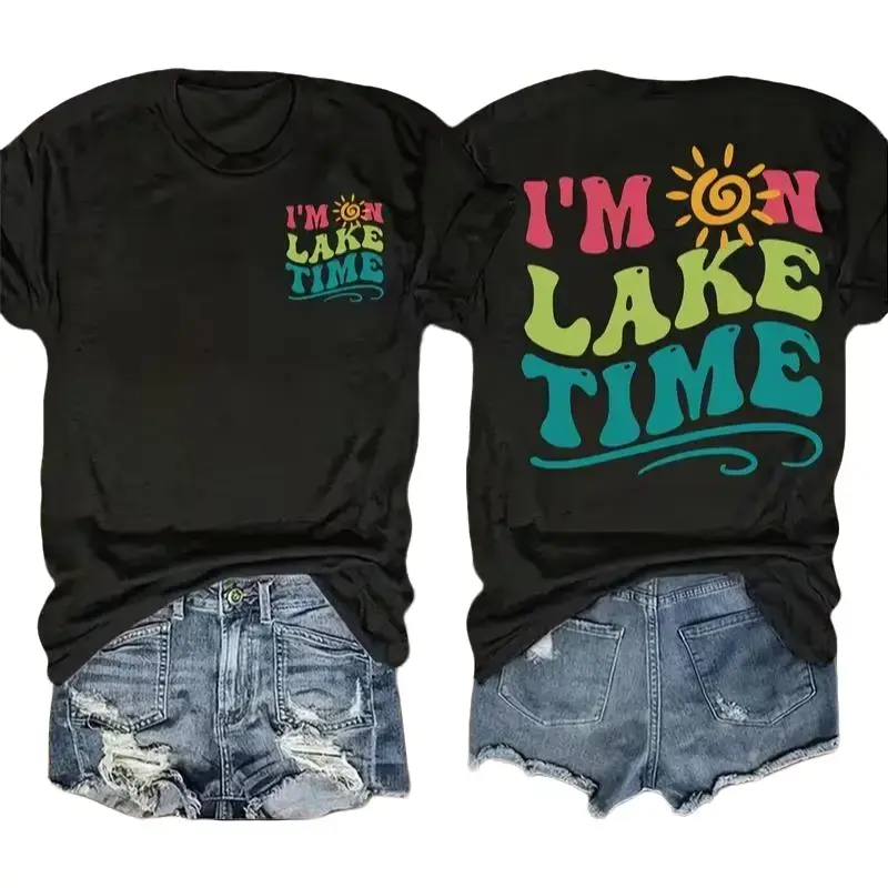 Men's Retro Sunny Lake Life Vibe Soft Round Neck Cotton Fabric Tee, Breathable Casual Double-Sided Print Colorful Menswear Top