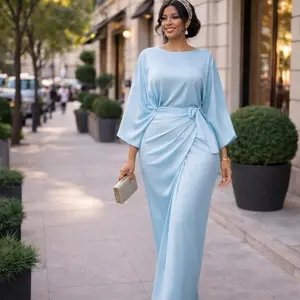 Luxe Flow Batwing Elegance Dress - Elegant Batwing Sleeve Design with Soft Draped Waist Tie for Flattering Shape & Flowing Satin Fabric - Perfect for Formal Events, Dinners, Weddings, and Evening Outings - Womenswear