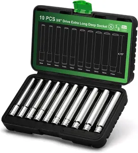 10 count 3/8-Inch Drive Extra Deep Metric Socket Set, 6 Point, 8mm to 17mm, No Skipped Sizes, 120MM Deep CR-V Socket for Automotive and Industrial Applications
