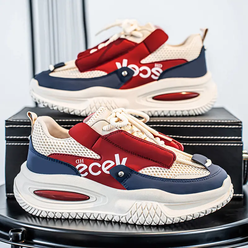 Men's Chunky Sneakers, Red & Blue Color Block Breathable Mesh Casual Shoes, 5cm Height Increase & Anti-Slip PVC Sole, Lightweight Soft Walking Shoes for Gym, Streetwear & Daily Wear, Gift for Fashion-Forward Teens & Men