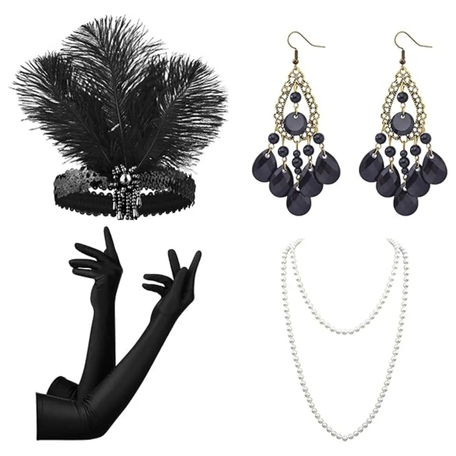 Women 1920s Flapper Set, Roaring 20s Headband Headpiece Costume Accessories for Halloween Party Cosplay