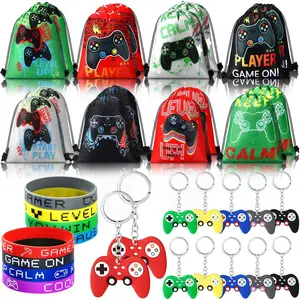 48 count Video  Party Favors 16 Gamer Party Drawstring Bags Gaming Goodie Bag 16 Wristbands 16 Keychains for Birthday