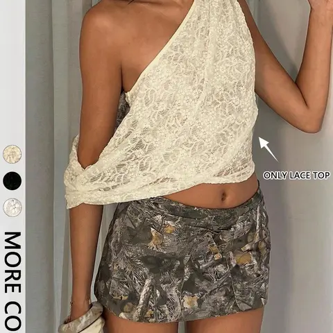Women's One Shoulder Floral Lace Crop Top, Asymmetric Draped Neckline, Sheer Lace, Top Only, Stylish Summer Party Going Out Wear