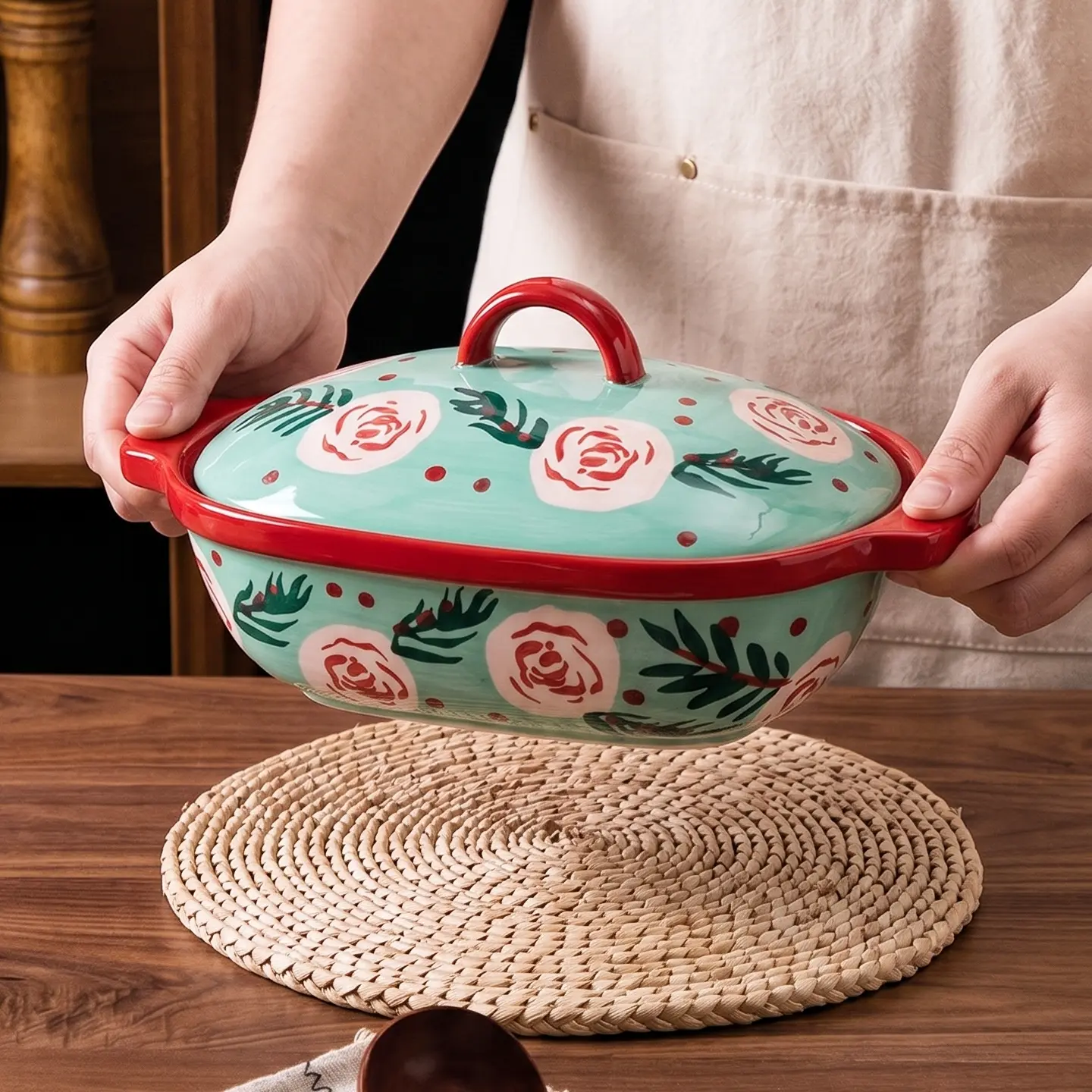 HongDian Mint Pink Rose Ceramic Baking Bowl,Covered Casserole Dish 480ml 16 oz,Hand Painted Floral Pattern,Premium Ceramic,Underglaze Non Fading,Oven Microwave Dishwasher Safe,Small Portion Gratin Dessert Dip Meal Serving Kitchen Gift Decor
