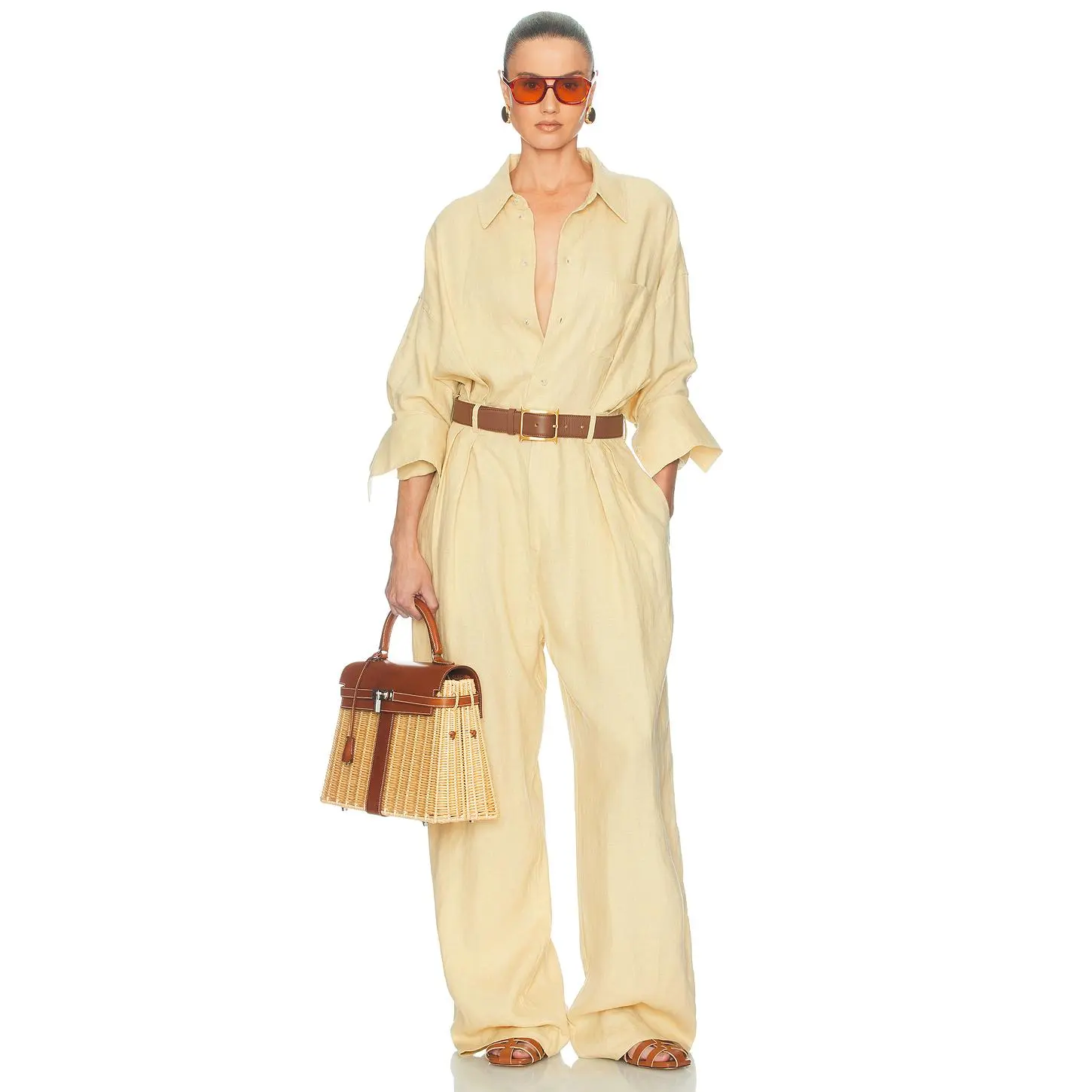 Helsa Paperbag Jumpsuit in Washed Linen in Basket Beige