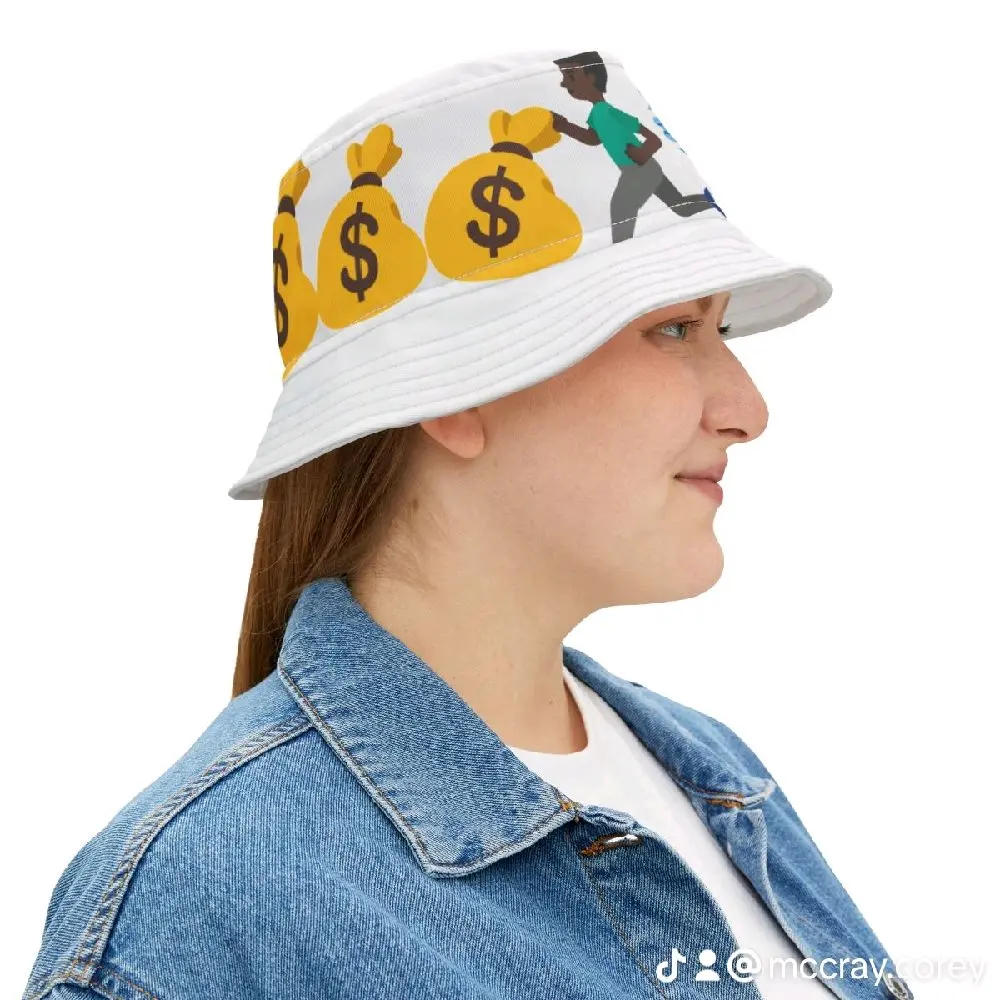 Monetized Bucket Hats & T-Shirts - White Hat with Money Emoji Design by McCray