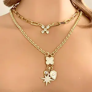 Gold Multi Charm Necklace-CZ Charms-Northern Star Charm-Coat of Arms Charm-Large CZ  Stone -CZ Carabiner Clasp-X Kiss Charm Necklace