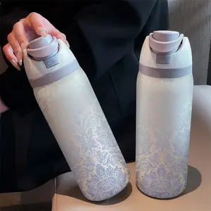 Gradient Print 32oz Dual-Sip Sports Water Bottle Tumbler, 304 Stainless Steel Large Capacity Vacuum Insulated Cup, Perfect Gift for Women, Home Outdoor Travel, Stainless Steel Drinkware