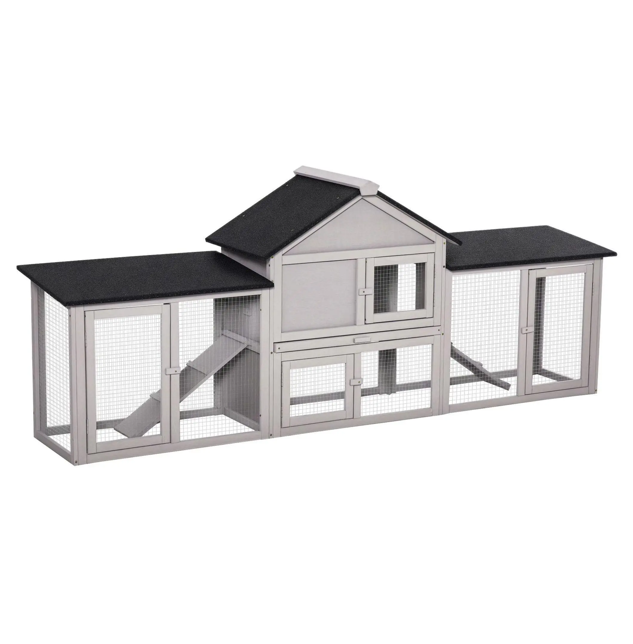 83" 2-Story Outdoor Wooden Rabbit Hutch - Large Gray Bunny House with Run, Ladder for Pet Animals, Two-Story