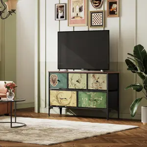 Slim 5-Drawer Storage Tower for Hallway & TV – Versatile Organizer as Entryway Console, Living Room TV Stand. Steel Frame, Floral.