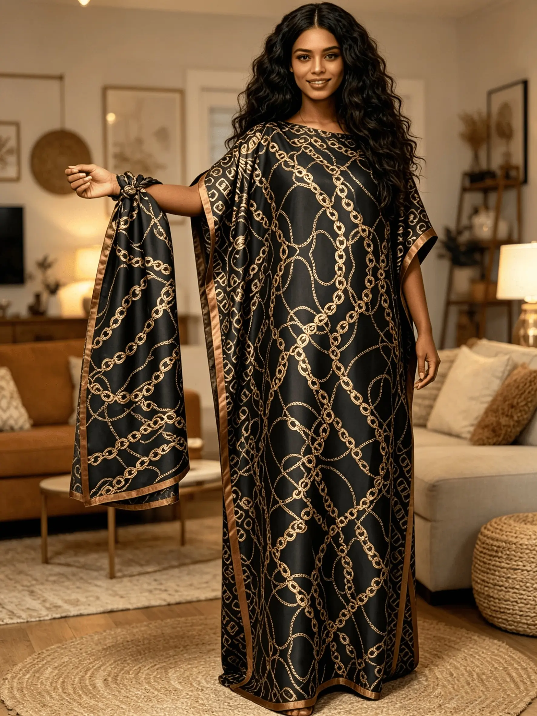 1 Robe+1 Scarf Black Bottom Gold Chain Printed Robe Dress Set Women Large Ship Collar Loose Flesh Covering Long Dress+1 Scarf Low key Light Luxury Bohemian Vacation Style Long Dress Casual Boho Casual Summer