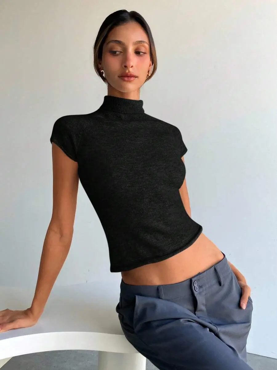 Aloruh Women's Autumn/Winter Short Sleeve Turtleneck Raglan Sleeve Slim Fit Thin Fleece Knit Sweater,Fall