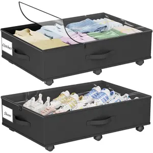 Bed with Wheels, 2-Pack Bed Containers with Clear Lid and Handles, Rolling Underbed Drawers Organizer for Clothes,Shoes,Toys, Books (Black)