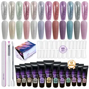 Poly Nail Gel Kit 12 PCS Diamond Poly Nail Gel Colors Nude Yellow Red Green Purple Blue Pink Glitter Poly Nail Gel Poly Extension Gel Nail Kit Gifts For Wome