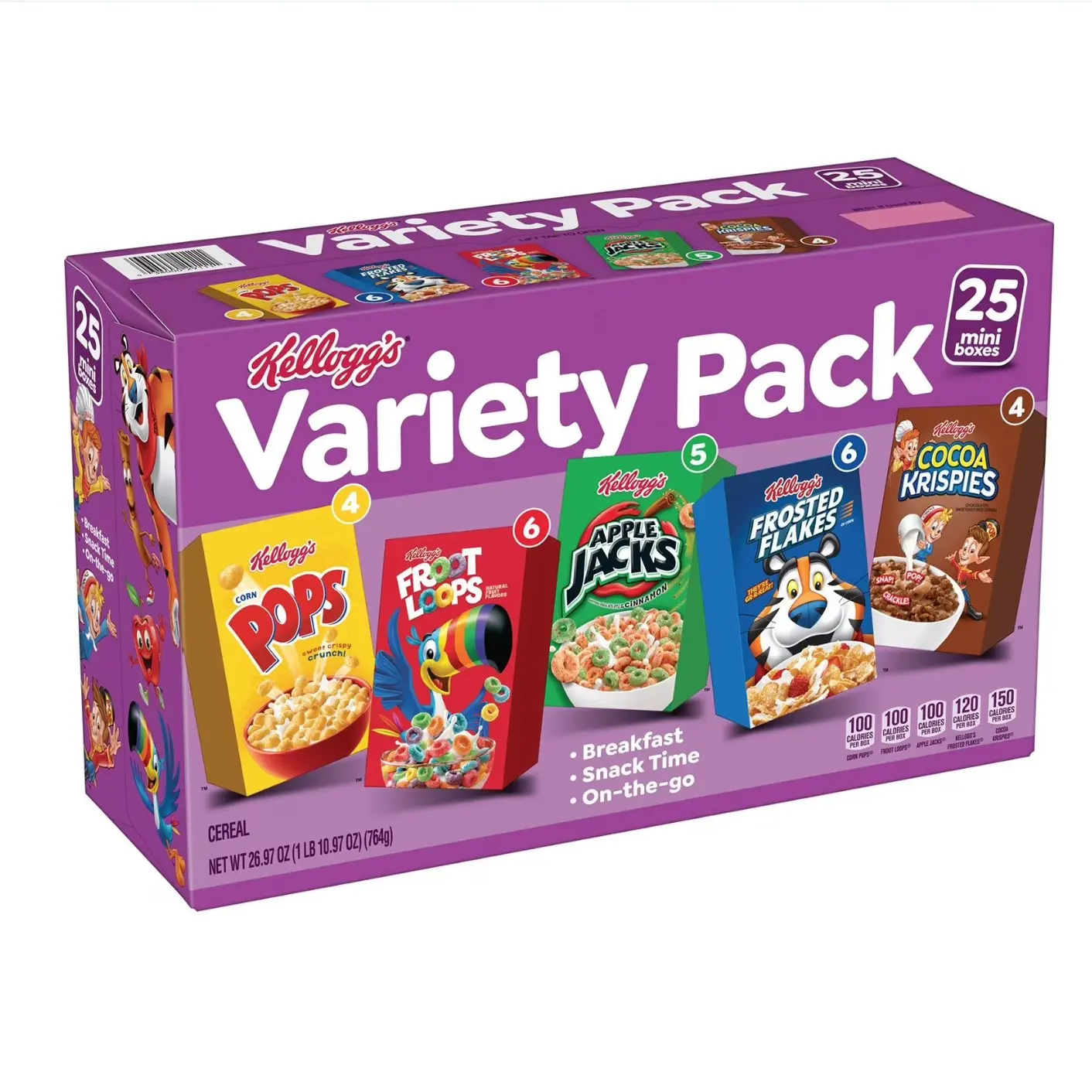 Kellogg's Assorted Breakfast Cereal Variety Pack - 25 Pack, Corn & Fruits Infused, Good Source of Vitamins, Perfect for On-the-Go Snacking with Milk Pairing, Snack Time