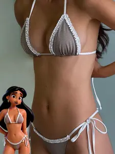 Two-piece Set Women's Gingham Print Bikini Set, Casual Fashion Chic Swim Top & Swim Bottom Set for Beach Holiday Vacation, Ladies Swimsuit for All Seasons, Drawstring Swimsuit Set