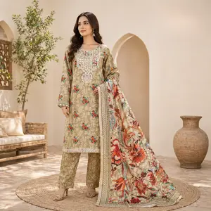 ZAROORI Sand Beige Cotton Printed Pakistani 3-Piece Suit – Multicolor Floral Print with Statement Dupatta | Article No: ZR-356