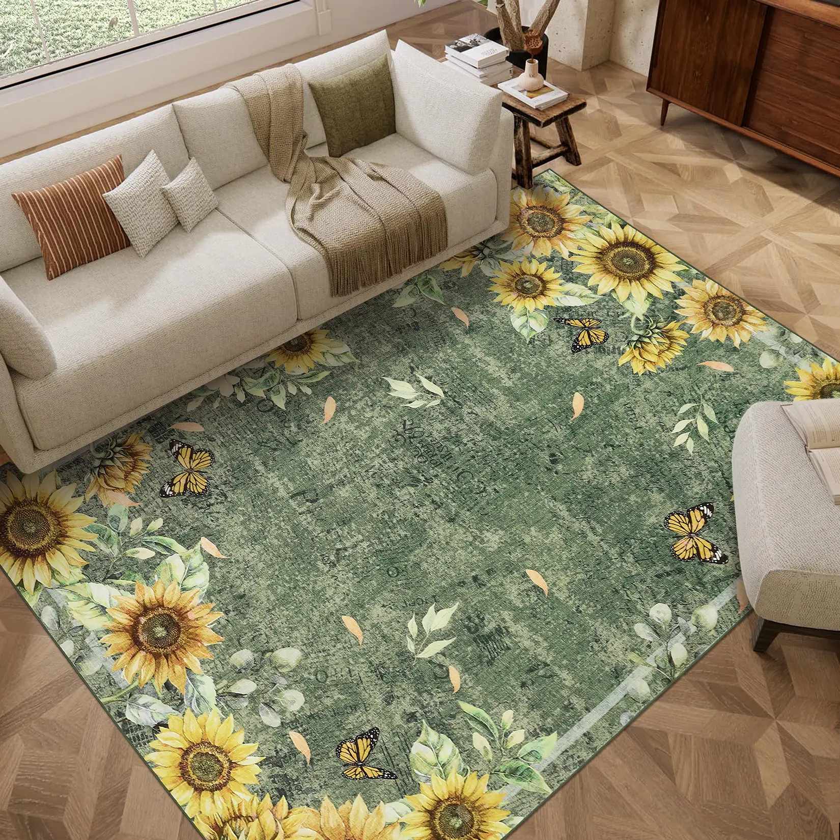 Sunflower Border Print Rug Washable Stain-resistant Non-slip Ultra-thin Foldable Large-size Vintage Print Rug for Bedrooms Dining Rooms Offices Hallways Entryways Apartments and Cafes, 2*6Ft, 5*7Ft, Durable