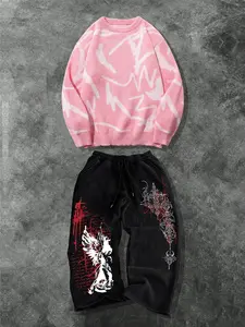 Men's Casual Two-Piece Clothing Set with Soft Round Neck Sweater and Drawstring Wide Leg Pants, Floral Thorns Wings Print Ideal for Spring & Fall Wear