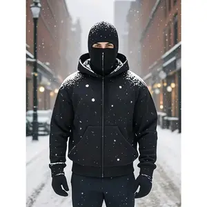 Balaclava Hoodie With Built-In Zip - Black Polyester Long Sleeve Men's Athletic Sweatshirt for Autumn Winter Sports & Casual Wear Cardigan Stylish compression shirts compression shirt women compression shirts for men workout tops athletic wear