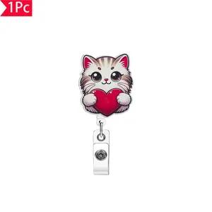 1PC Adorable Cartoon Kitten Heart-Shaped Pull-Tab Keyring Cute Pet-Style ID Badge Holder, Keychain Badge Reel, ID Card Clip, Keyring, Custom Pin Holder Perfect as a Gift