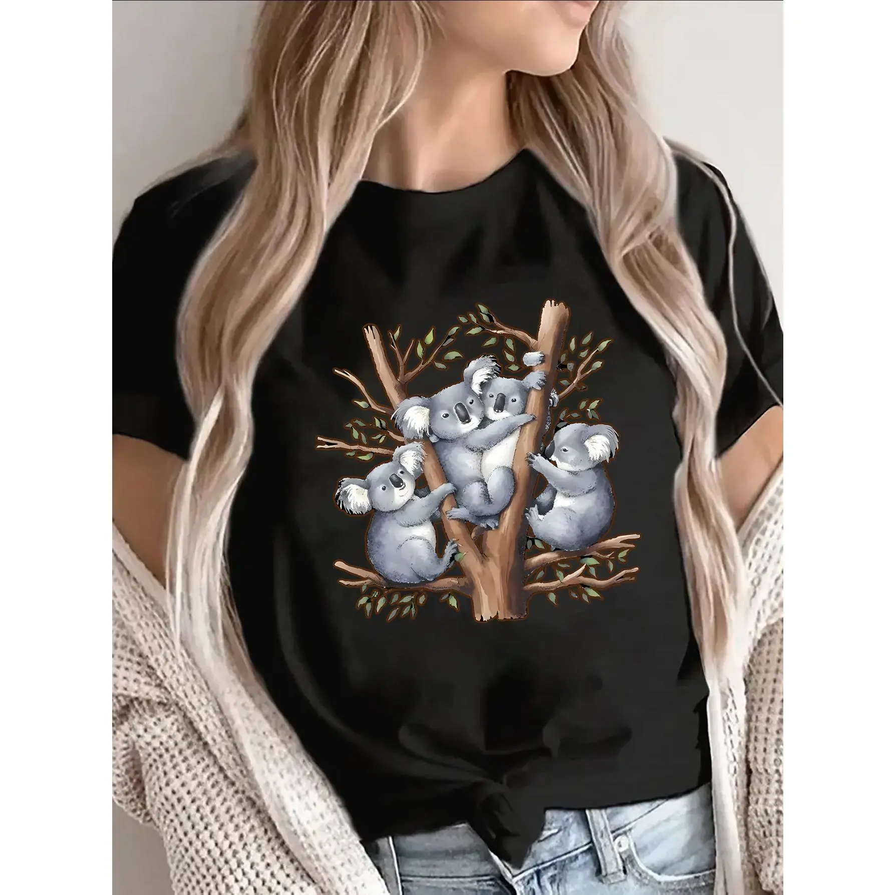 Cute koala family print t-shirt-soft cotton short unisex soft cotton short sleeve t shirt, vintage graphic casual tee for men women teens, perfect birthday holiday gift for camping travel gym daily street  wear
