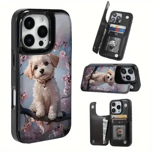 Cute Puppy and Pink Flower Pattern Leather Card Holder Phone Case, Suitable for iPhone 17 Air/16 Plus/15 Pro Max/14 Pro/13/12/11/XS Max/X Phone Case, Perfect Gift for Thanksgiving and Christmas for Family, Friends, Lovers, Boyfriend, Girlfriend