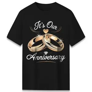 It's Our Anniversary Graphic T-Shirt, Wedding Ring Print Crew Neck Tee, Casual Top for Couples & Celebration Fans