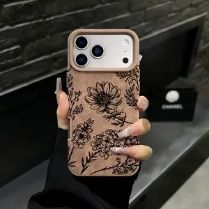 Brown Floral Faux Leather Phone Case - Shockproof Protection for iPhone 16 15 14 13 12 11 - Vintage Style.