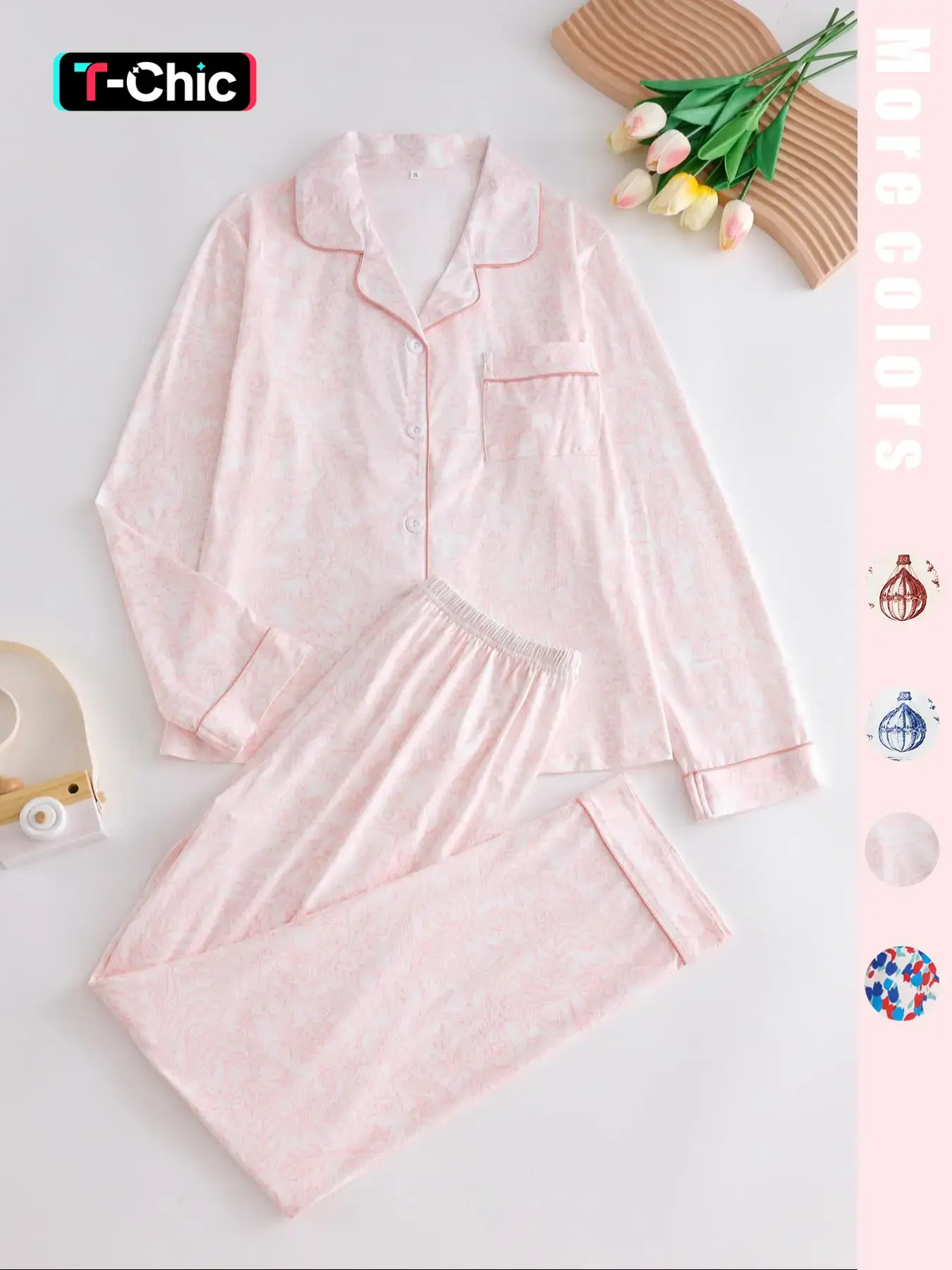 Two-piece pink ladies' pajama set with full-color prints. Button-front collar shirt and elastic waist pants pajama. Casual and comfortable collar long-sleeved top and long pants pajama set. Ladies' pajamas for spring and autumn Loungewear.