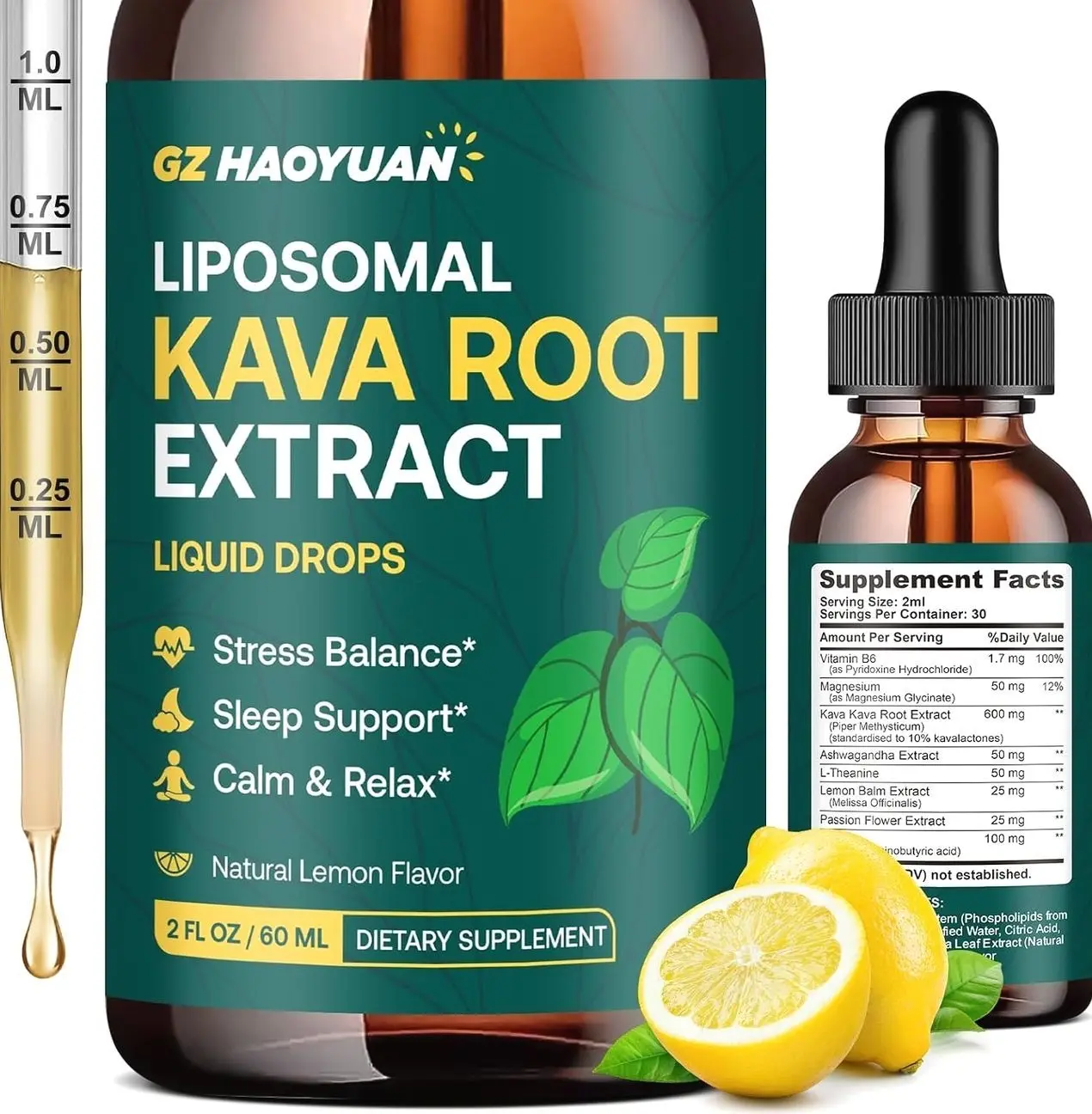 Liposomal Kava Kava Drops for Calming & Relaxation – Kava Root Extract Supplement with GABA, Ashwagandha & Magnesium - Support Mood & Better Sleep, Fast-Absorbing Vegan Kava Liquid Drops Lemon 2 Fl Oz