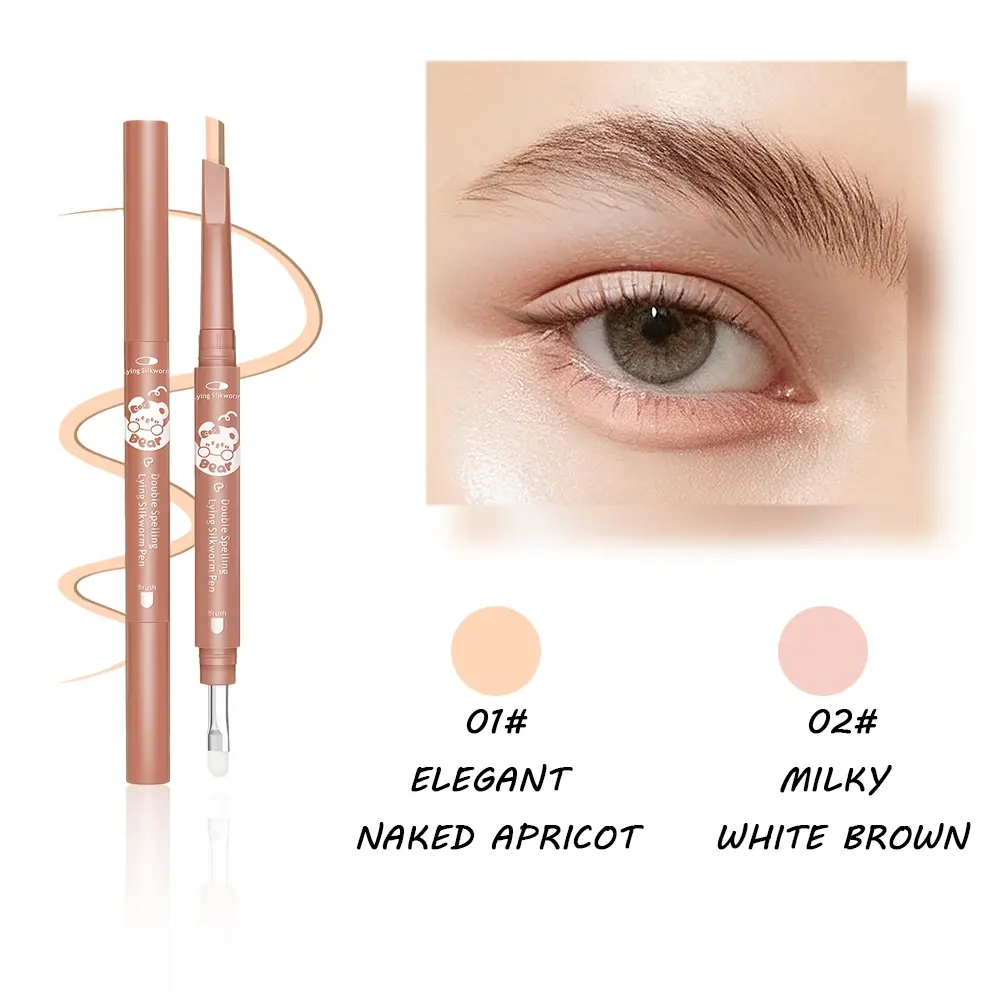Dual-Ended Lying Silkworm Pen, 2-in-1 Brightener & Shadow Stick, 3D Natural Eye Makeup, Waterproof Long-Lasting Concealer Pencil with Blending Brush,