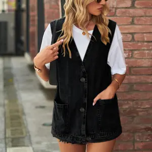 MNLYBABY Women's Denim Vest Mid Long Jean Vest Sleeveless Jackets Distressed Vest Cotton Tops Fit