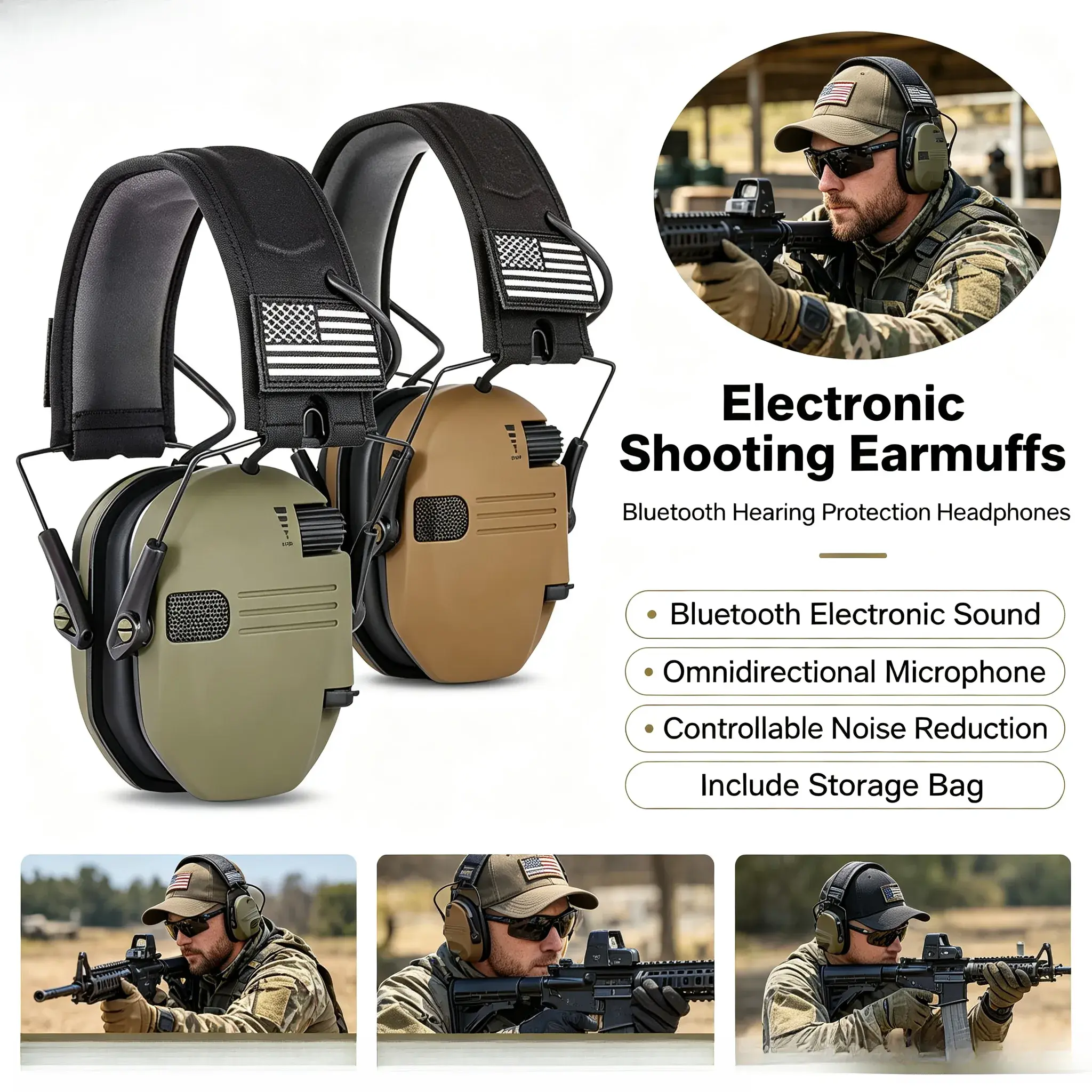 Bluetooth Electronic Shooting Ear Protection Earmuffs with Omni-Directional Microphones, Controllable Sound Isolation Over-Ear Noise Canceling Headset, Equipped with Storage Case, for Shooting Range, Hunting & Outdoor Sports Activities
