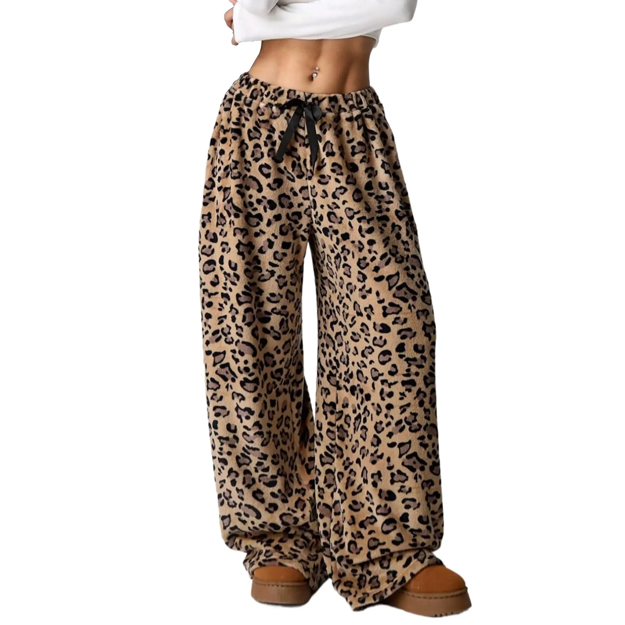 Women Therian Leopard Cheetah Fuzzy Pajama Pants,  High Waist Grunge Fluffy Plush Lounge Pants, Halloween Drawstring Elastic Waist Wide Leg Teddy Pj Bottoms for Ladies
