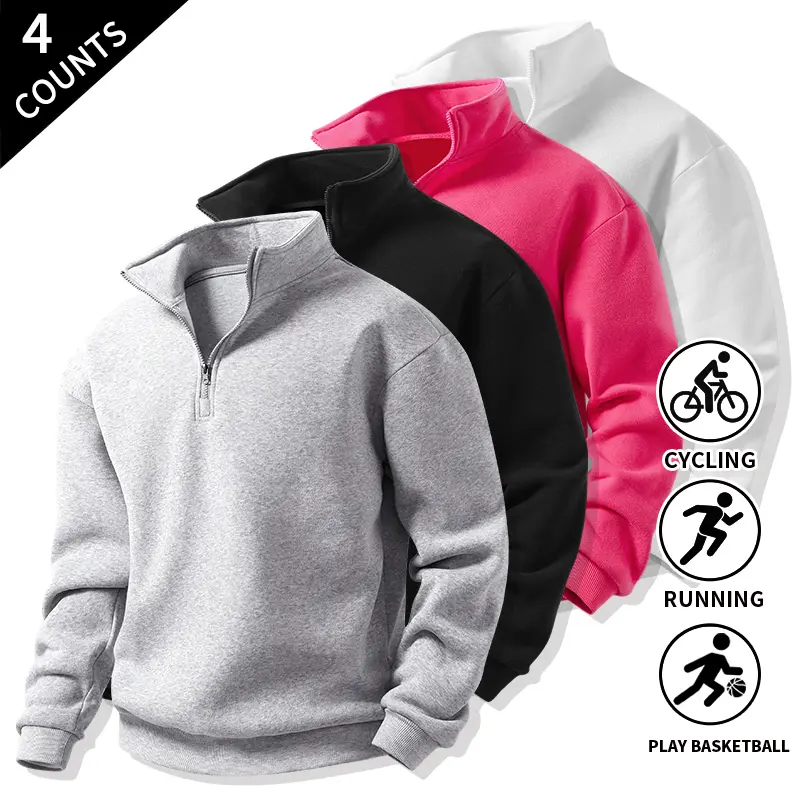 4-Pack Men’s Quarter-Zip Long-Sleeve Sweat Pullovers, Solid Color, Suitable for Everyday Tasks and Outdoor Sports Activities
