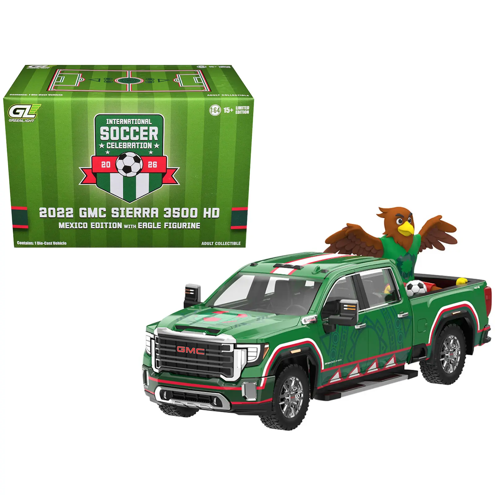 2022 GMC Sierra 3500 HD Pickup Truck Green with Mexican Soccer Graphics with Eagle Figure 1/64 Diecast Model Car by Greenlight