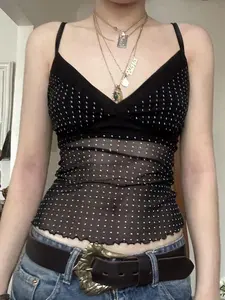 Sexy Polka Dot V-Neck Halter Top, Slim Fit Sheer Heart Design, Perfect for Summer Casual, Women's Streetwear and Date Night