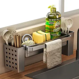 Kitchen Accessories PP Sink Drain Rack with Removable Tray, Drill-Free Sponge Holder, Multifunctional Storage Organizer for Home - Household Essential &  Gift Idea  Installation Tool, SummerEssentials