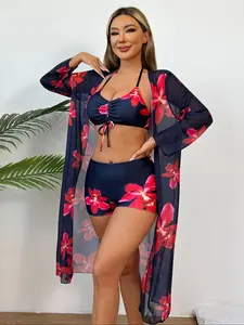 Women's Floral Print Swimsuit Set, Halter Neck Swim Top & Swim Bottom & Long Sleeve Cover Up, Summer Beach Holiday Vacation Swimwear Set for Women