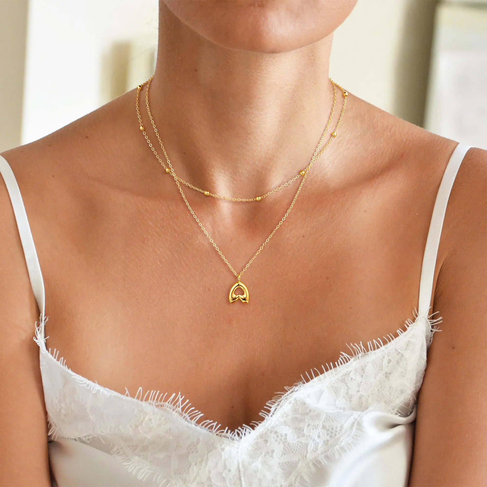 KOPERIN Women's 2-Piece Initial Letter Pendant Necklaces Set, Dainty Balloon Bubble A-Z Alphabet Layered Choker, Customizable Daily Accessory, Birthday Gift Jewelry, Two Piece Set, Initial Necklace